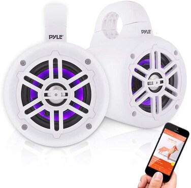 Pyle Waterproof Marine Wakeboard Tower Speakers - 4in Dual Subwoofer Speaker Set w/LED Lights &amp; Bluetooth for Wireless Music Streaming - Boat Audio System w/Mounting Clamps PLMRLEWB47WB (White)