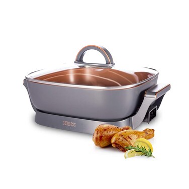 CRUX Electric Skillet with Glass Lid - Nonstick Scratch Resistant Ceramic Pan, Extra Deep with Removable Temperature Probe, 12" x 12", 1400 Watts, PFOA &amp; PTFE Free