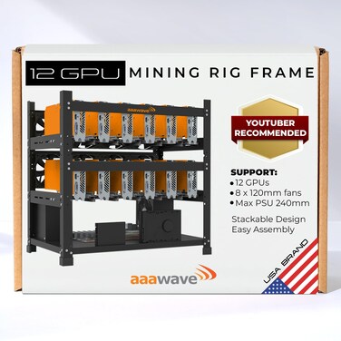 AAAwave 12GPU Mining Rig Frame - The Sluice V2 Steel Open Frame Mining Rig Case, Stackable Chassis for Crypto Coin Currency &amp; AI Machine Learning Applications - Frame Only (Black)