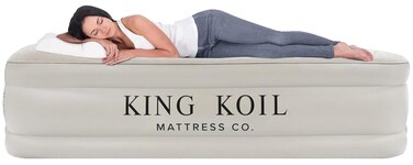 King Koil Luxury Pillow Top Plush Queen Air Mattress with High-Speed Built-in Pump, Blow Up Bed Top Side Flocking, Puncture Resistant, Double High Inflatable Airbed Guests or Travel 1-Year Warranty