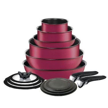 T-fal Ingenio Expertise Non Stick Cookware Set 14 Piece, Induction, Oven Broiler Safe 500F, Cookware, Pots and Pans Set, RV, Camping, Frying Pans, Dishwasher Safe, Detachable/ Removable Handle, Pink