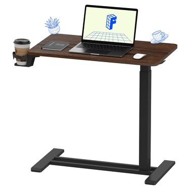 FLEXISPOT Adjustable Overbed Bedside Table with Wheels Pneumatic Mobile Standing Desk Laptop Desk Rolling Computer Cart Movable Table Hospital Home Use(27.6" W x 15.7" D, Mahogany Table)