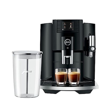 Jura E8 5th Gen Automatic Coffee Machine (Piano Black) Stainless Steel Espresso Machine, Powerful Blending Features Bundle with Glass Milk Container (2 Items)