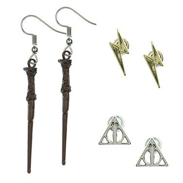 Harry Potter Lightning Scar Deathly Hallows and Harry Potter Wand 3 Pack Jewelry Earrings Set