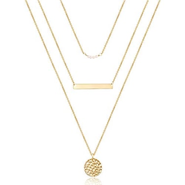 Turandoss Dainty Layering Pearls Necklace Bar Necklace Hammered Disc Pendant Necklace Simple Layering Necklace Gold Plated Choker for Women