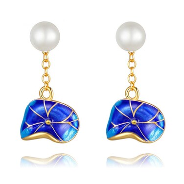Uloveido Simulated White Cultured Pearl Blue Cloisonne Lotus Post Stud Dangle Drop Earrings for Women Gold Plated Fashion Ear Jewelry CQ252