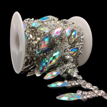 FQTANJU 1 Yard Crystal Rhinestone Trim Chain Handmade Bridal Trimming Belt AB Stone Applique DIY Jewelry for Women Dress Embellishment Silver
