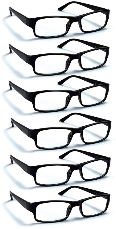 Boost Eyewear 6 Pack Reading Glasses, Traditional Black Frames, for Men and Women, with Comfort Spring Loaded Hinges, Black, 6 Pairs (+1.50)