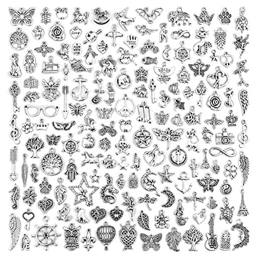 JIALEEY 200 PCS Wholesale Bulk Lots Jewelry Making Charms Mixed Smooth Tibetan Silver Metal Charms Pendants DIY for Necklace Bracelet Jewelry Making and Crafting