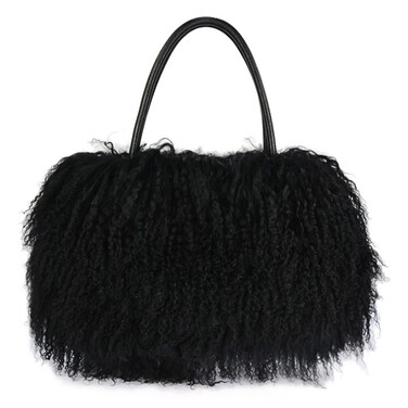 FINILUO Women Luxury Real Lamb Mongolian Flush Wool Fur With Genuine Leather Handles Handbag Black