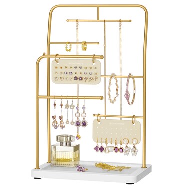 SONGMICS Jewelry Stand, Jewelry Organizer, Jewelry Display Holder with Metal Frame, 2 Earring Boards, 6 Hanging Rods, Necklace Earring Bracelet Holder, for Rings, Metallic Gold UJJS024A01