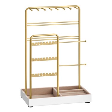 SONGMICS Jewelry Holder, Jewelry Organizer, Jewelry Display Stand with Metal Frame and Velvet Tray, Necklace Earring Bracelet Holder, for Studs, Rings, Gift Idea, Gold Color UJJS021A01