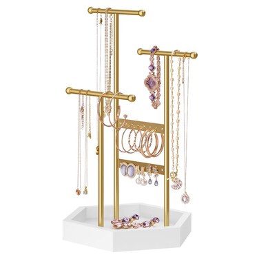 SONGMICS Jewelry Holder Organizer, 4 Independent Zones, Jewelry Display Stand, Metal Frame, Necklace Earring Bracelet Holder, for Rings, Valentine's Day Gift, Gold and White UJJS003A01