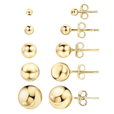 Barzel 18K Gold Plated Ball Stud Earrings Set, Sizes 3-10MM, 5 Pack, High Polish Finish Ball Suds