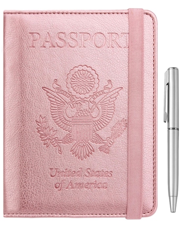 WALNEW Passport Holder for Travel, RFID Passport Cover Wallet for Women Men, PU Leather Passport Book Card Holder Case with Pen, Travelling Essentials for Flying