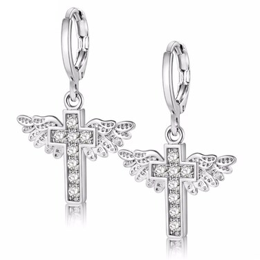 Uloveido Cubic Zirconia Brass Earings Platinum Plated Angel Wing &amp; Cross Drop Earrings for Women Christmas Gifts Y199-platinum