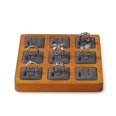 Oirlv Solid Wood Ring Display Stand Showcase Ring Display Organizer Tray 9 Bits Ring Holder (Grey)