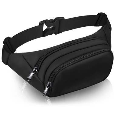 Large Fanny Pack for Women Men - Syican Waist bag with 3-Zipper Pockets, Gifts for Enjoy Sports Traveling Workout Casual Hands-Free crossbody bags Fits MAX 7.9'' iPad &amp; 6.6'' Phone Black