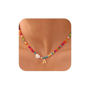 Ursteel Initial Necklaces for Women - Beaded Choker Heart Necklace for Women Trendy, Personalized Summer Letter A Choker Necklace Jewelry for Women Valentines Day Gifts