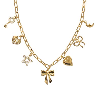 OTEEGX Gold Charm Necklaces for Women, 18K Gold Plated Bow Pendant Necklace Gold Heart Chain Aesthetic Star Jewelry (one size, Modern, Gold1)