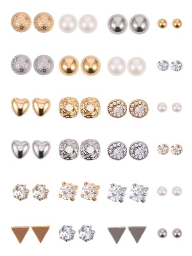 BBTO 24 Pairs Stud Earrings Crystal Pearl Earring Set Ear Stud Jewelry for Women Men(Sliver, Gold)