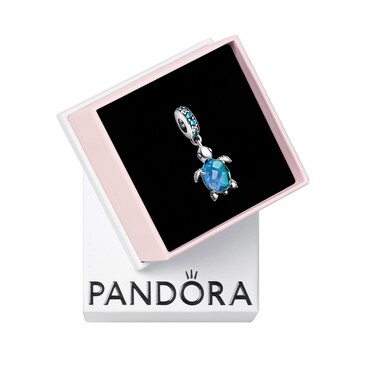 PANDORA Murano Glass Blue Sea Turtle Dangle Charm - Compatible with PANDORA Moments - Jewelry for Women - Gift for Women - Made with Sterling Silver &amp; Man-Made Crystal - With Gift Box