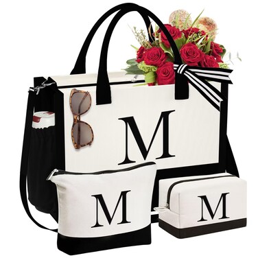 YOOLIFE 21st 30th 40th 50th 55th 60th 70th Birthday Gifts for Women - Personalized Gifts for Mom Daughter Sister Friends Her, Initial Tote Bag, Womens Monogram Tote Bag, Letter M