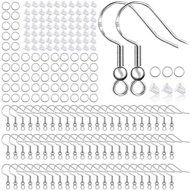 925 Sterling Silver Plated Earring Hooks 150 PCS/75 Pairs,Ear Wires Fish Hooks,500pcs Hypoallergenic Earring Making kit with Jump Rings and Clear Silicone Earring Backs Stoppers (Silver)