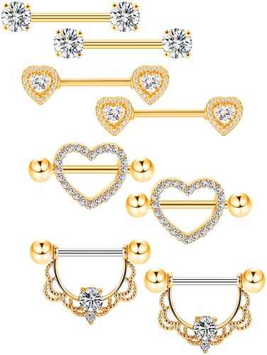 Tatuo 4 Pairs Stainless Steel Nipple Rings Tongue Ring Piercing Body Jewelry Barbell CZ Heart Shape Rings for Women Girls (Gold Bar and White Zirconia)
