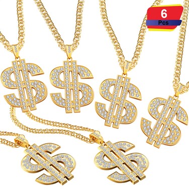 6 Pieces Gold Plated Chain Dollar Necklace for Men with Dollar Sign Pendant Necklace, Hip Hop Dollar Necklace (6 Pieces)