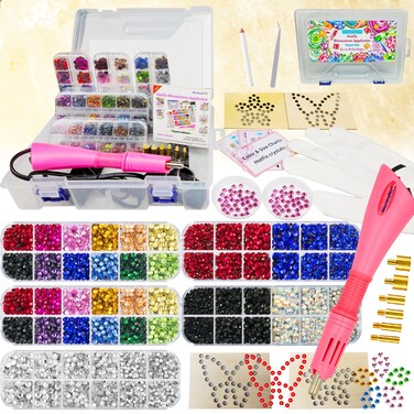Hotfix Rhinestones Applicator Kit with 8600 Pcs Hot Fix Crystals 3mm 4mm 5mm, Bedazzler Kit with Rhinestones SS10 SS16 SS20 for Blinging Clothes, Fabric, Clothing, Leather - Washable   Case