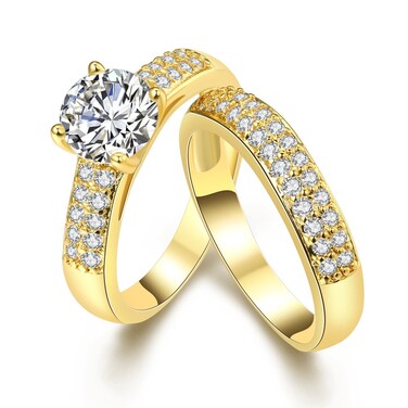 Uloveido Fashion Yeloow Gold Plated Lab Diamond Engagement Band Anniversary Rings Set Birthday Jewelry Gifts Women, April Birth-Stone Rings Girlfriend (Size 9) KR005