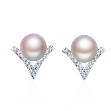 Uloveido Womens Fashion V Shape Black Simulated Freshwater Pearl Pierced Post Stud Earrings with White Cubic Zirconia Birthstone ED325-White