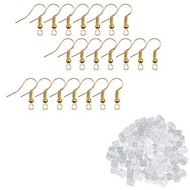 Gold Color Earring Hooks and Transparent Earring Backs - Nickel-Free Ear Wires (18mm) - Plastic Stopper Replacement Safety Back (2.5mm x 3mm) -for Jewelry Making, DIY Earrings