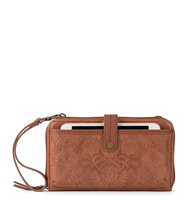 The Sak Iris Smartphone Crossbody Purse - Women's Cellphone Bag &amp; Wallet For Everyday - Convertible Wristlet With Zipper in Tobacco Floral Embossed/Leather