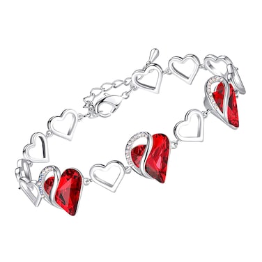 Leafael Valentine's Day Heart Link Bracelets for Women, Infinity Love January &amp; July Birthstone Crystal Charms, Silver Plated Jewelry Gifts for Her, Siam Ruby Red, 7-inch Chain and 2-inch Extender
