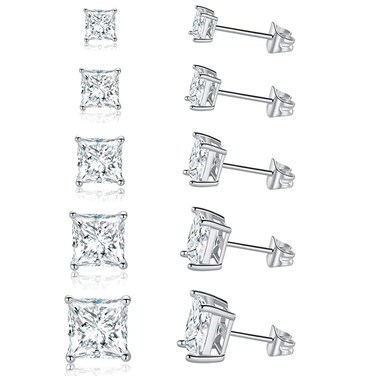 GEMSME 18K Gold Plated Princess Cut Clear Cubic Zirconia Stud Earrings Pack of 5 (white gold)
