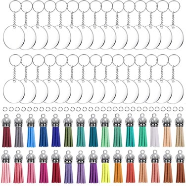 KINGFOREST 120PCS Acrylic Keychain Blanks, Including 30 PCS Keychain Rings(1 inch),30 PCS Jump Rings, 30 PCS Acrylic Circle Disc(2 inches) and 30 PCS Craft Tassels for DIY Keychain Vinyl Craft.