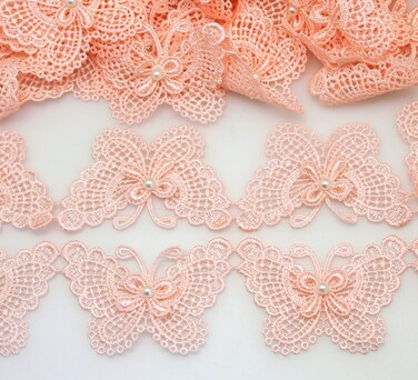 FQTANJU 3" Butterfly Lace Edge Trim Pearl Wedding Applique DIY Sewing in peach pink 3 Yards