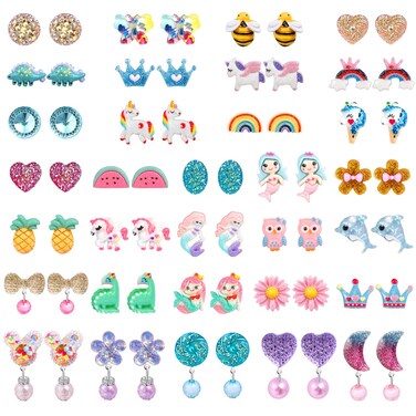 DEVIENG Clip On Earrings Hypoallergenic Clips Earrings Sets Suitable for Ages 4-12 Little Girls, Cute Small Clips On Earrings Jewelry Gifts Set (Clip On Earrings-32 Pairs)