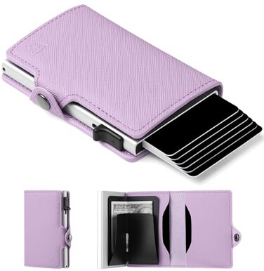 Card Blocr Womens Slim Wallet for Small Purses, Pop Up Wallet with Anti Theft RFID Blocking Credit Card Holder for Women in Light Pink PU Saffiano Leather