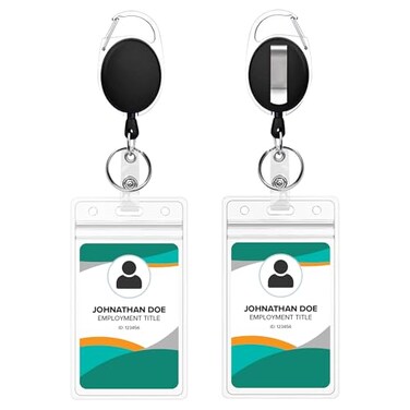 Will Well ID Badge Holders with Clip and Keyring - Vertical Clear Plastic 2.52" x 3.58" Sleeves Fit Up to 3 Cards - Retractable 24" UHMWPE Fiber Pull Cords for Easy Access - 2-Pack, Black Reels