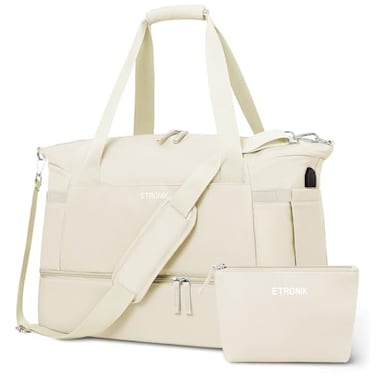 ETRONIK Gym Bag for Women, Personal Item Travel Bag with Shoes Compartment, Weekender Overnight Duffel Bag with Wet Pocket &amp; USB Charging Port, Carry On Bag for Women, Travel, Gym, Weekend (Beige)