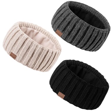 MUTKIS Winter Headbands for Women 3 Pack, Ear Warmers for Women Headband Wool Knit Thick Fleece Lined, Cold Weather Warm Ear Muffs(Black&amp;Beige&amp;Dark Gray)