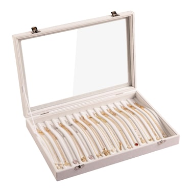Frebeauty 15 Hooks Necklace Tray Velvet Neckalce Organizer with Clear Lid Lockable Necklace Holder Box Jewelry Organizer for Pendants Chains Necklace Jeweley Tray for Women Girls(Beige)