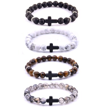 Softones 4PCS Cross Beads Bracelet for Men Women 8mm Healing Lava Stone Stretch Bracelets,7.5