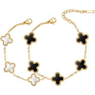 MEFELAY Unique Four Leaf Clover Bracelet for Women White Black Lucky Link Clover Bracelets Set, Trendy Bracelets Set Jewelry Gifts for Women