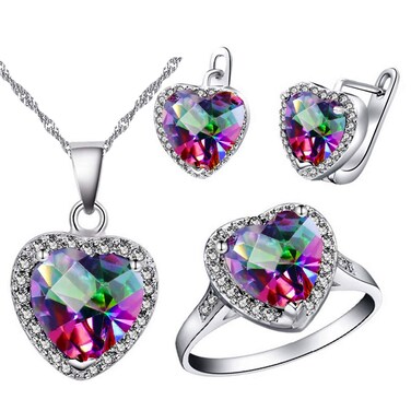 Uloveido Big Heart Shape Crystal Drop Pendant Necklace, Earrings and Rings Set for Women Birthday Anniversary T481