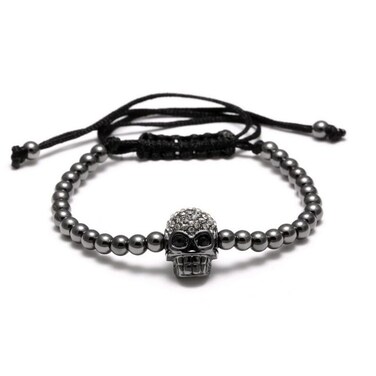 Uloveido Black Plated Brass Cubic Zirconia Pave Skull Ball Bracelets for Women Black Rope Adjustable Handmade Knot Bracelet for Men Jet YB003-Black