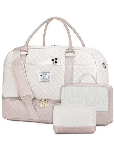 Travel Duffle Bag Weekender for Women: Travel Duffel Bag Carry-On Overnight Bag with Shoe Compartment &amp; Wet Pocket Large Weekend Tote Bag with Toiletry Bags Gym Duffel Bag for Hospital Beige